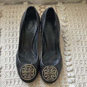 Tory Burch Black Leather heels with Gold Medallion